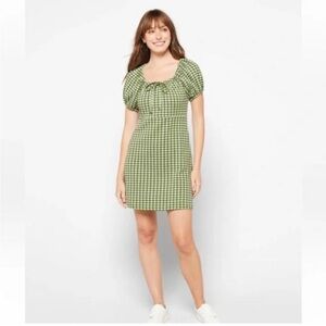 Jacquard Puff-Sleeve Mini Dress in Gingham Check